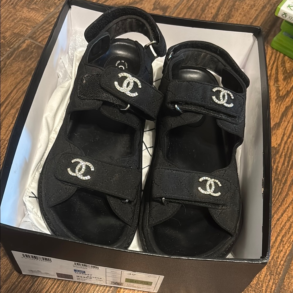 CHANEL Black Sandals with Interlocking CC Logo